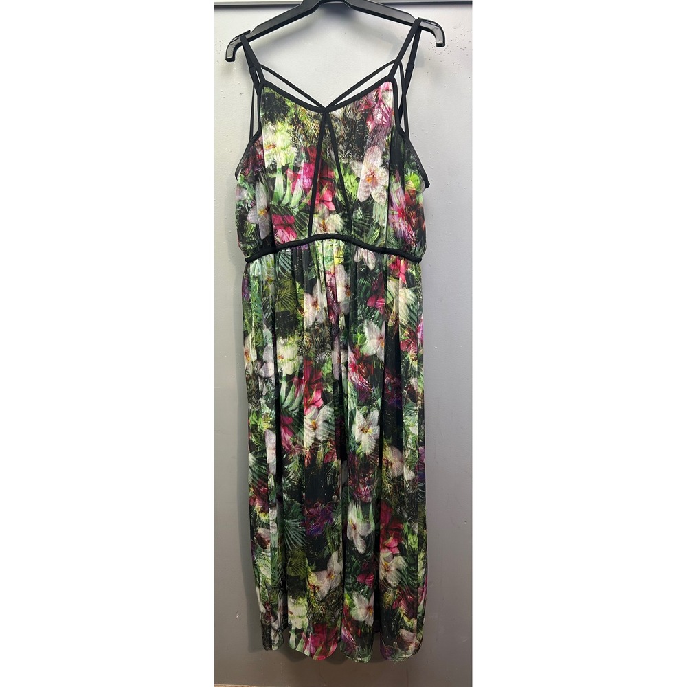 Lane Bryant Maxi Dress Womens 28 Black Multi Tropical Floral Strappy Chiffon